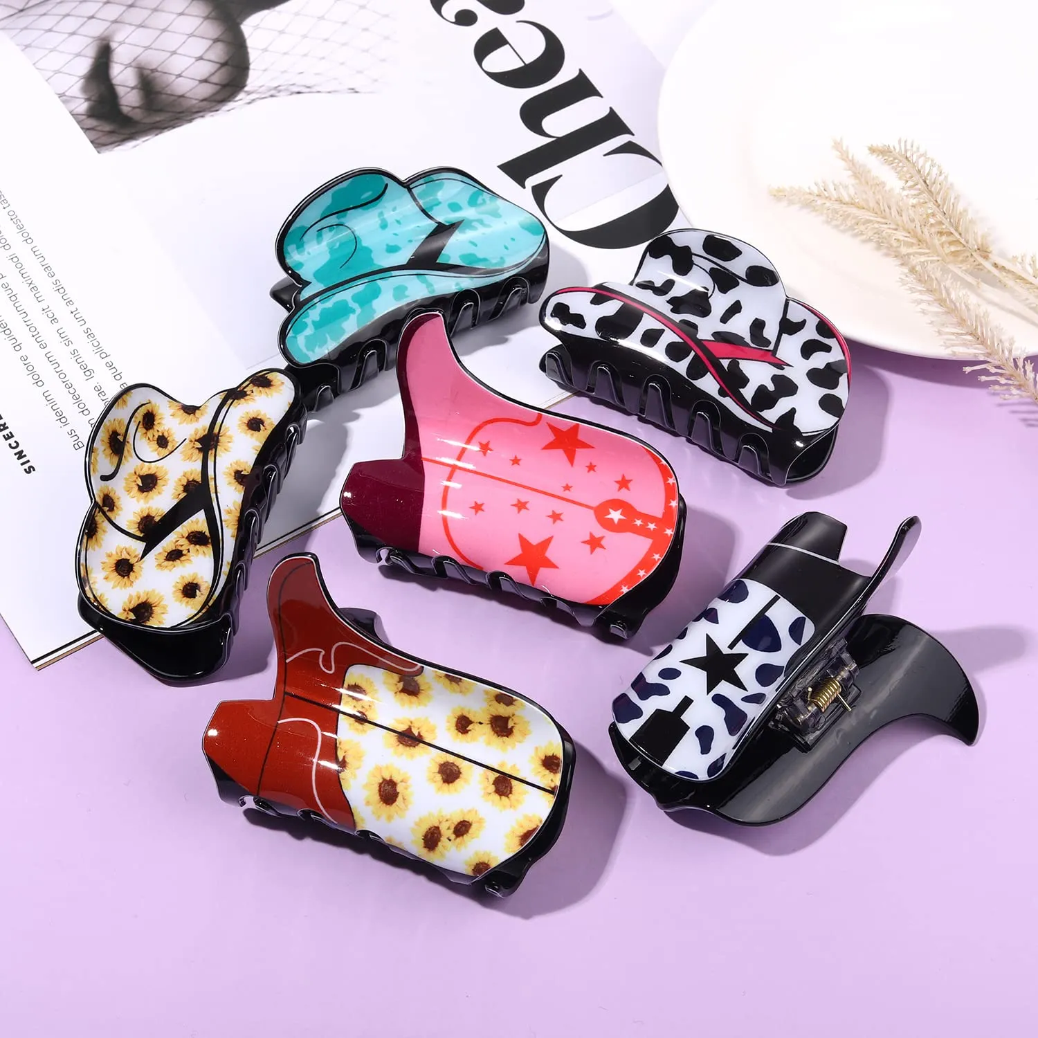 4/6PCS Western Hair Claw Clip for Women, Cowgirl Hat Boot Large Hair Clips, Nonslip Leopard Sunflower Hair Jaw Clamps for Thick Thin Hair (6PCS)