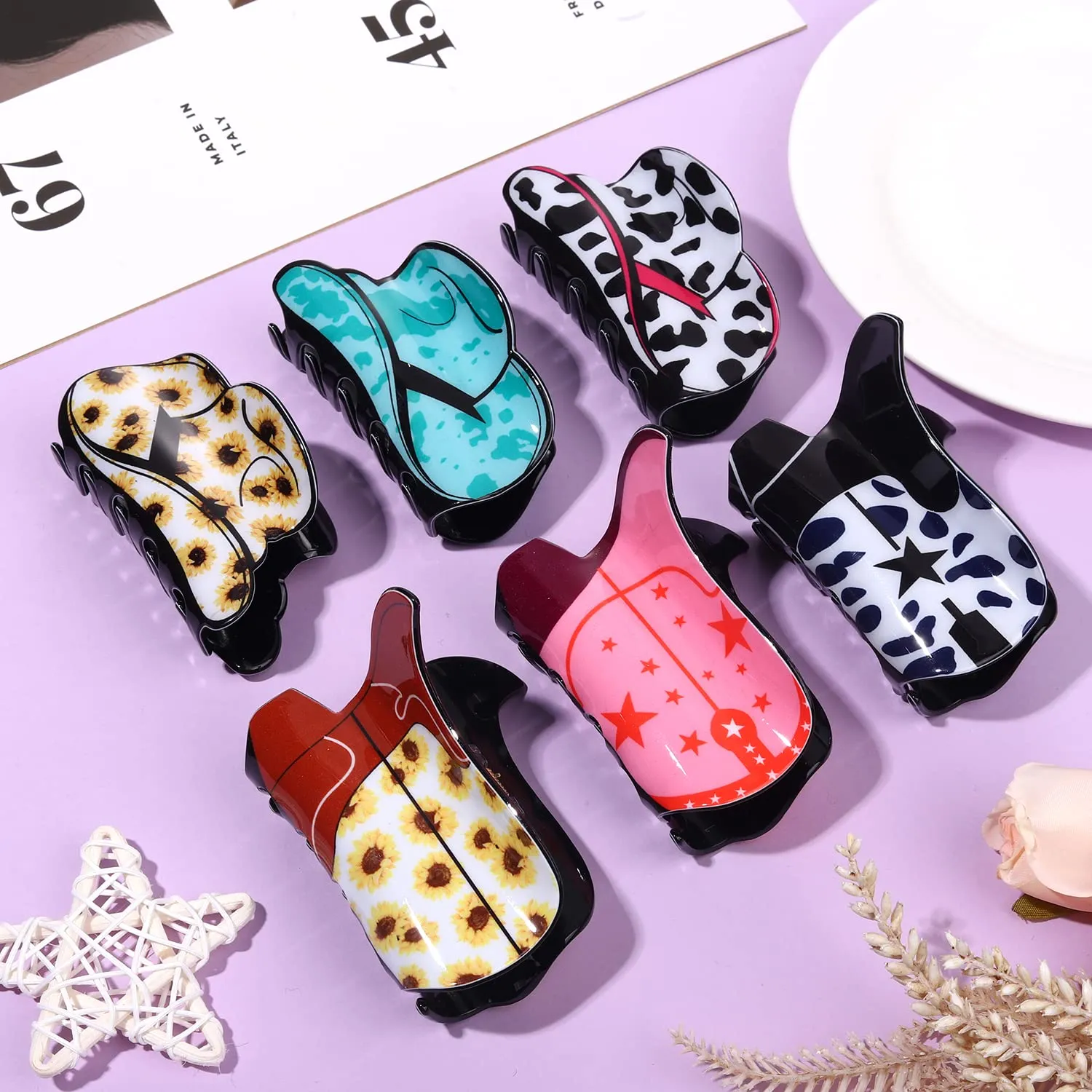 4/6PCS Western Hair Claw Clip for Women, Cowgirl Hat Boot Large Hair Clips, Nonslip Leopard Sunflower Hair Jaw Clamps for Thick Thin Hair (6PCS)