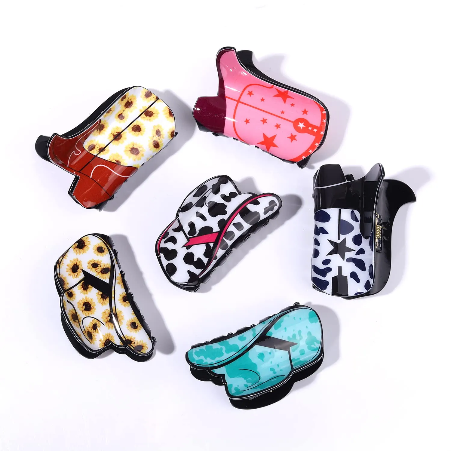4/6PCS Western Hair Claw Clip for Women, Cowgirl Hat Boot Large Hair Clips, Nonslip Leopard Sunflower Hair Jaw Clamps for Thick Thin Hair (6PCS)