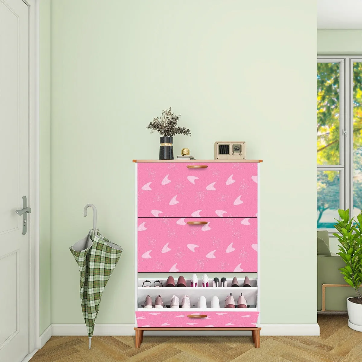 Atomic Boomerang And Starbursts Mid Mod Pink Retro Shoe Cabinet