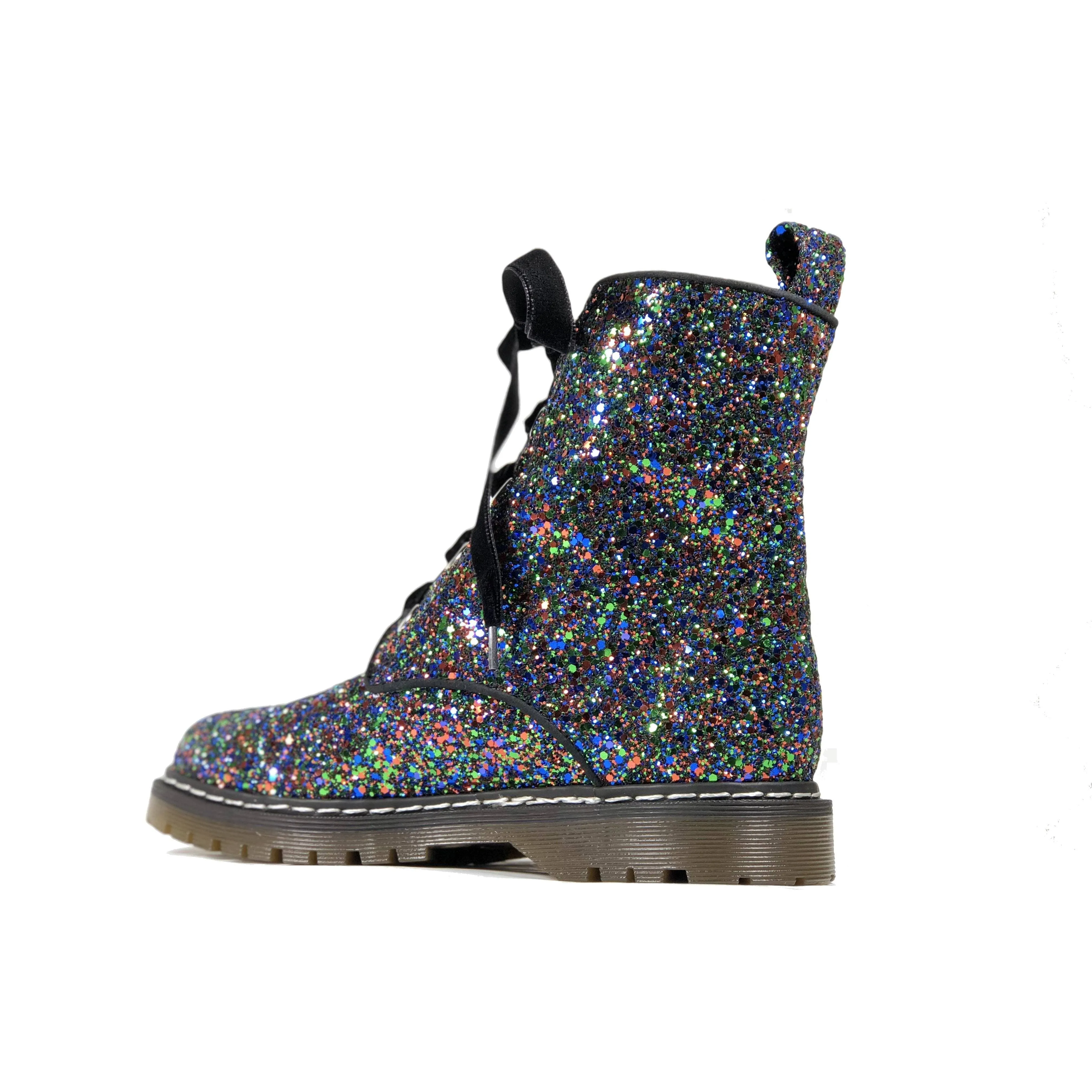 'Billie' Black/Multicolour Glitter vegan combat boots by Zette Shoes