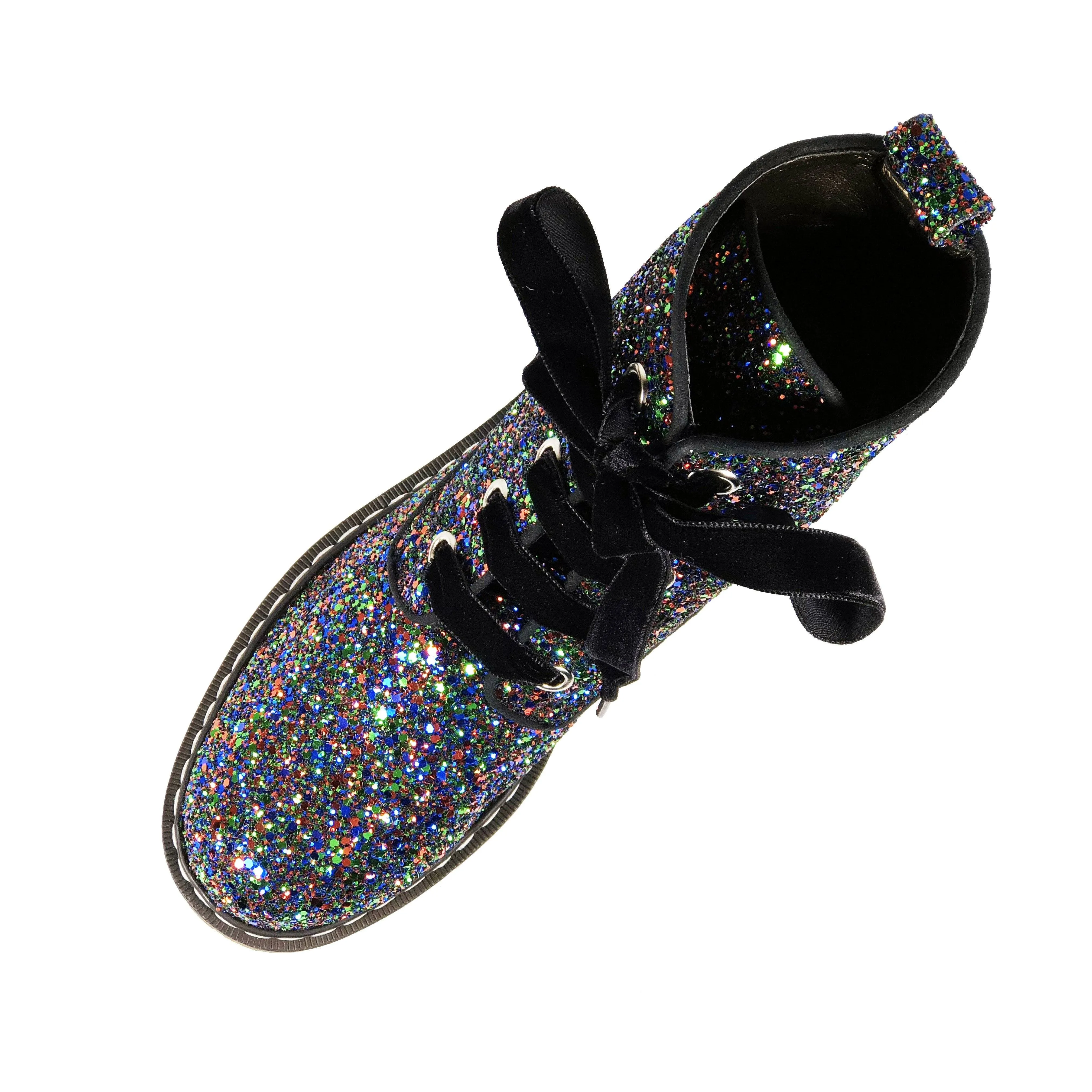 'Billie' Black/Multicolour Glitter vegan combat boots by Zette Shoes