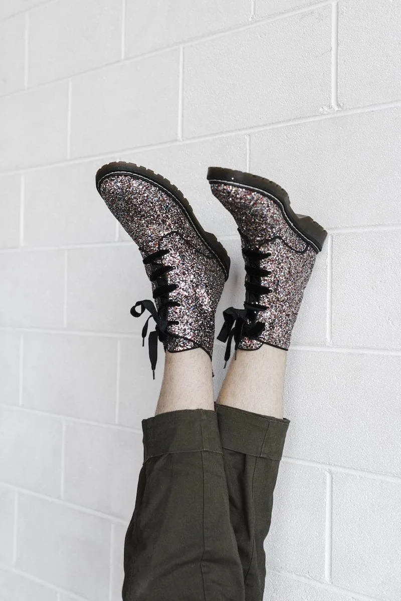 'Billie' Black/Multicolour Glitter vegan combat boots by Zette Shoes