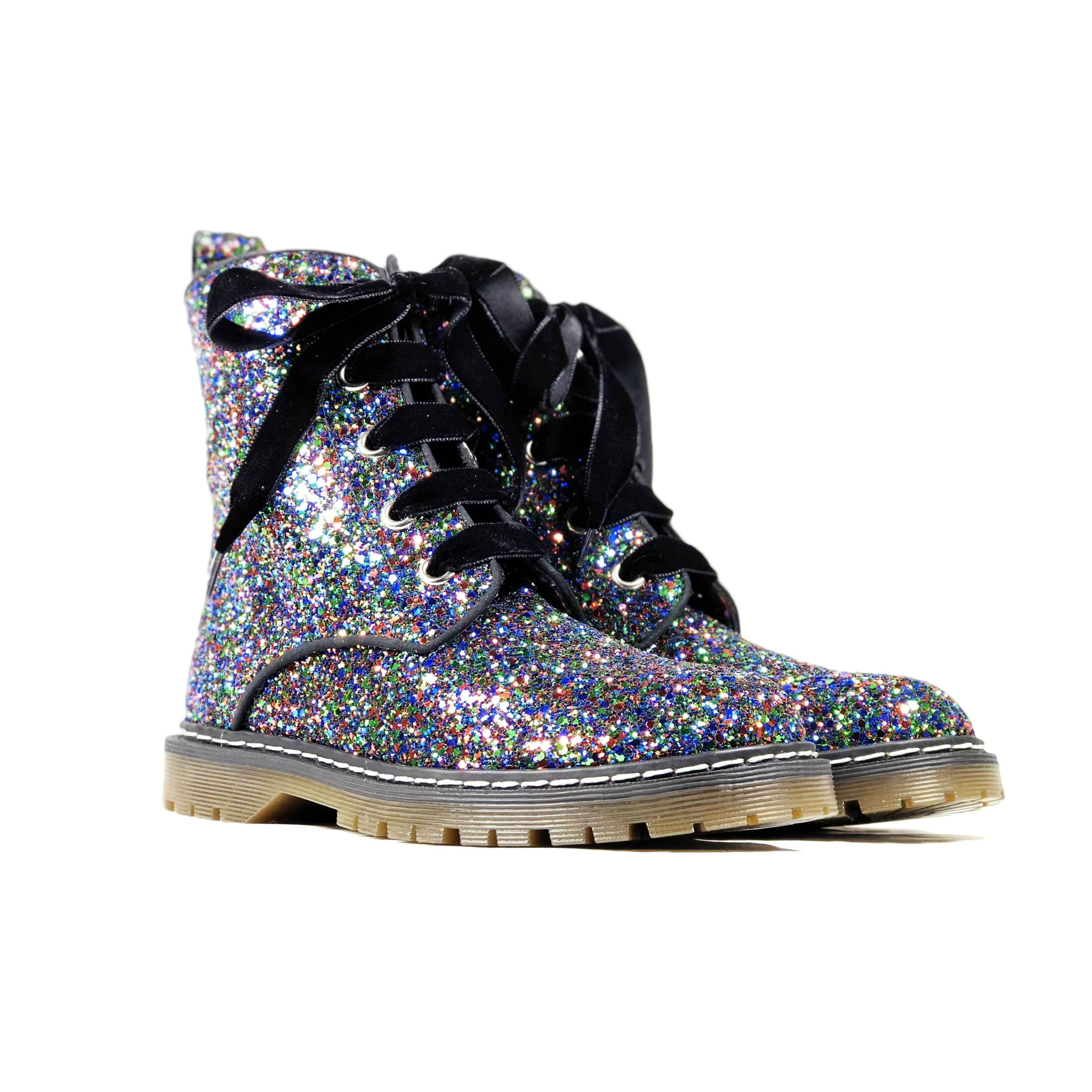 'Billie' Black/Multicolour Glitter vegan combat boots by Zette Shoes