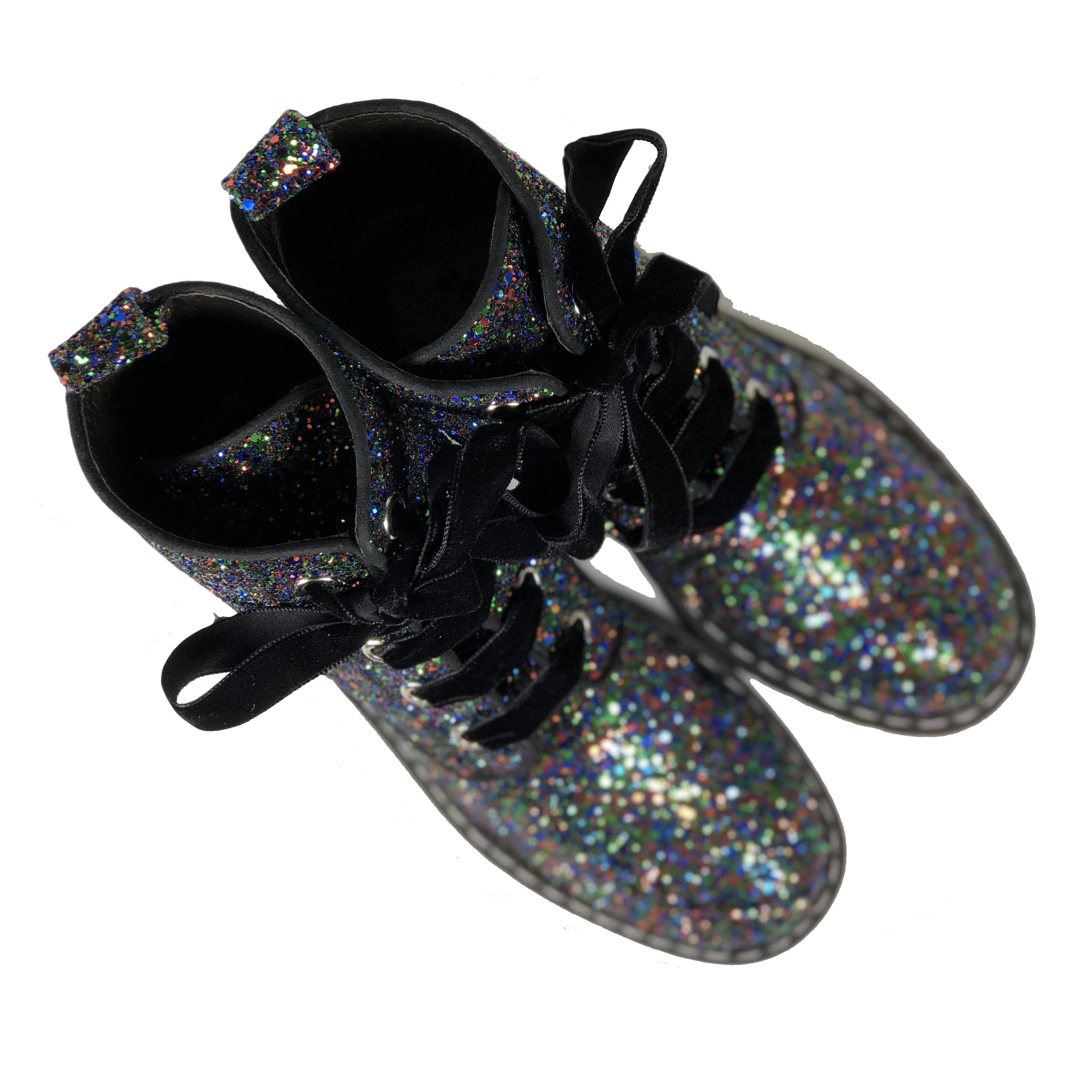 'Billie' Black/Multicolour Glitter vegan combat boots by Zette Shoes