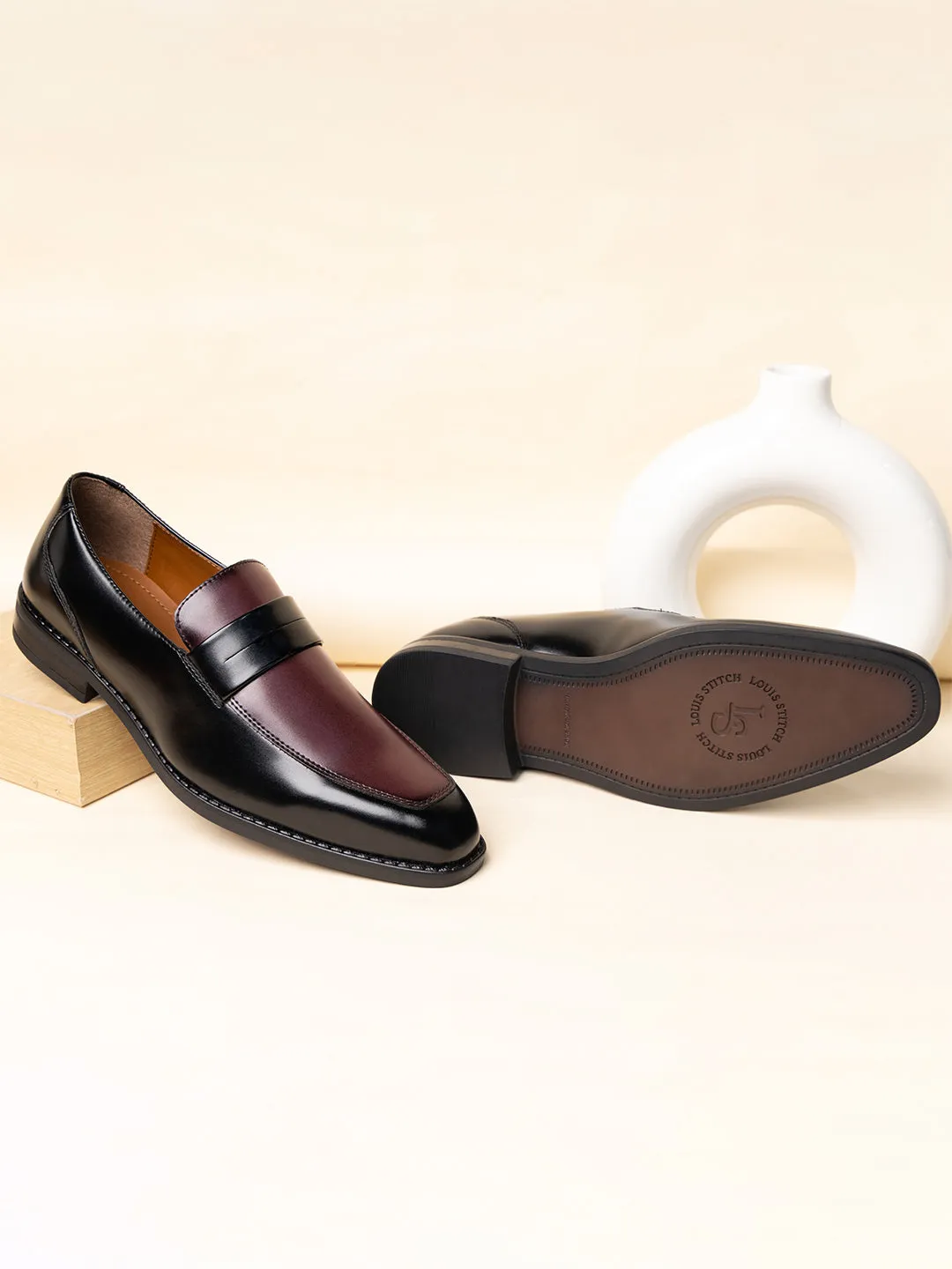 Black and Maroon Handcrafted Dual Tone Moccasins Slipon