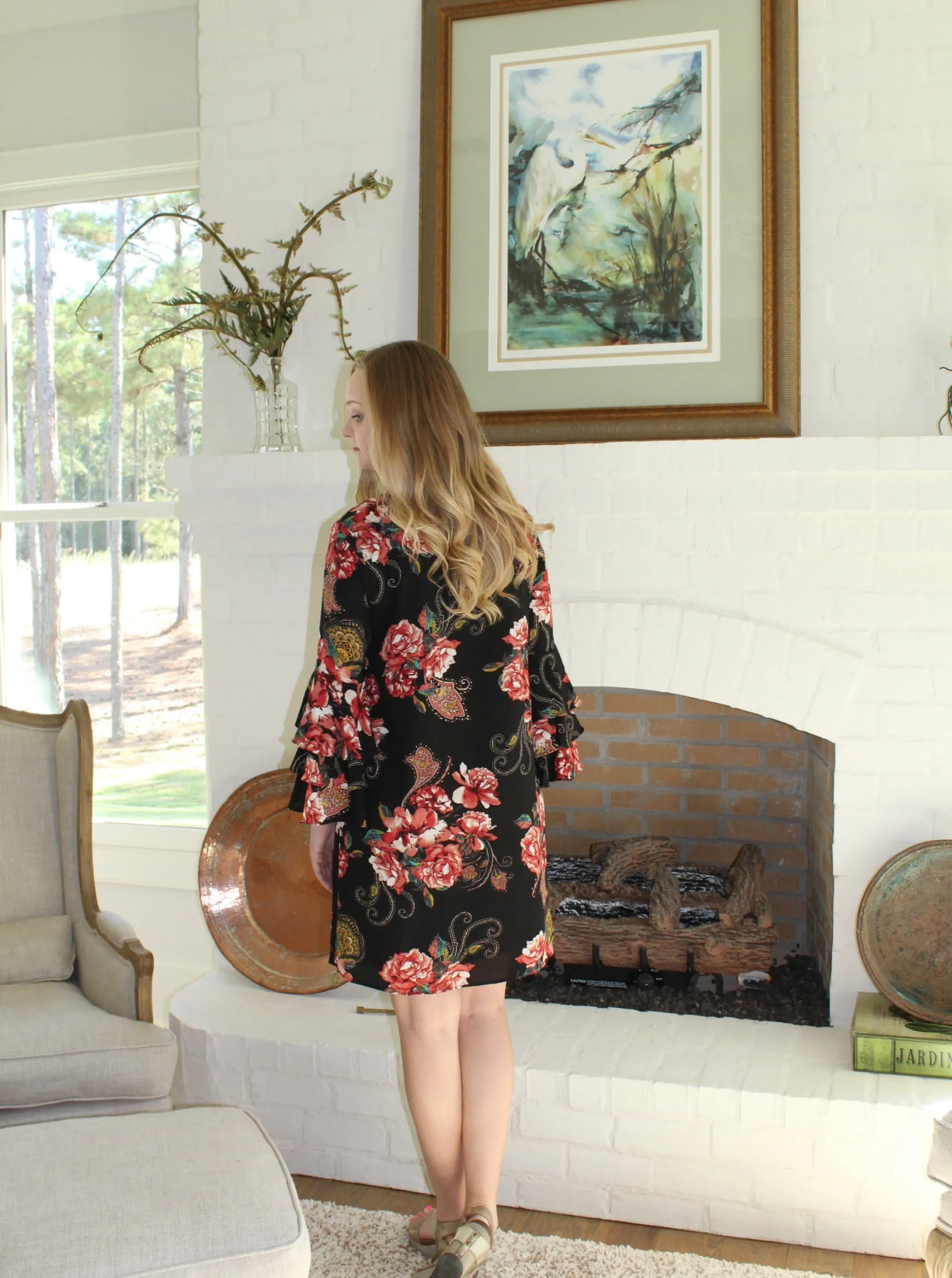 Black Floral Ruffle Sleeve Dress