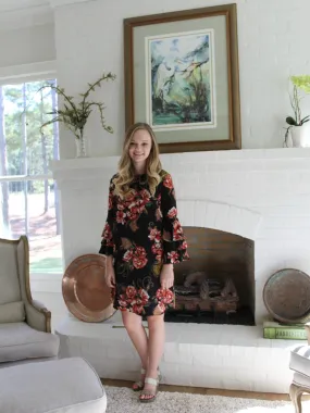 Black Floral Ruffle Sleeve Dress