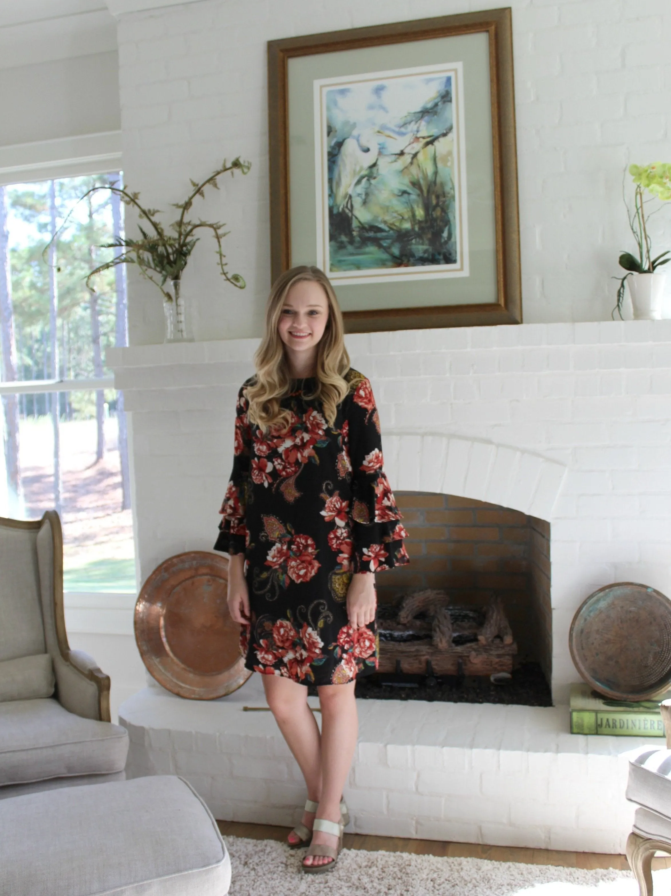 Black Floral Ruffle Sleeve Dress