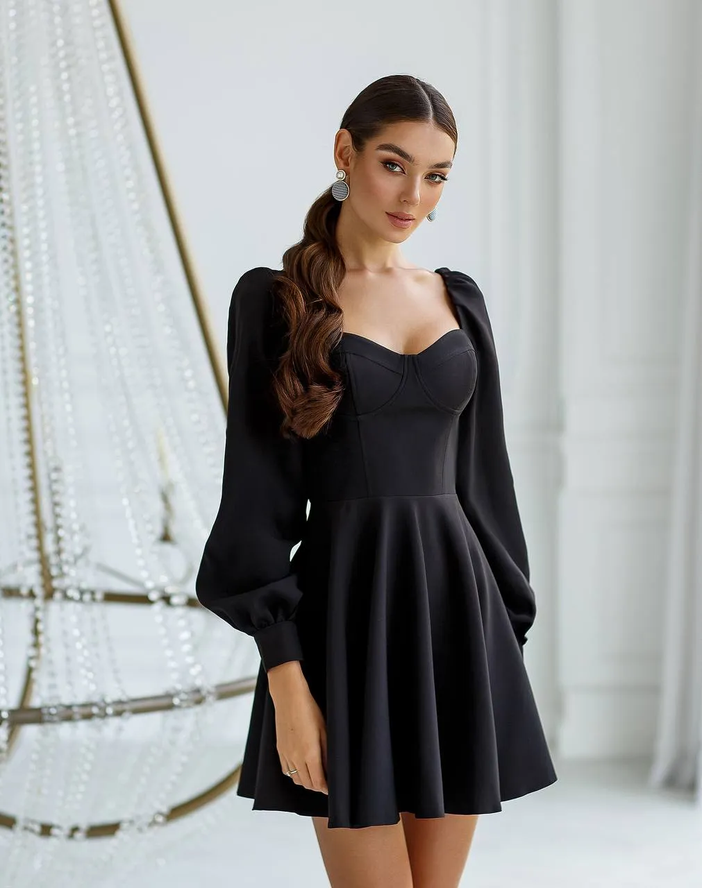 Black mini dress "Elastic shoulder"