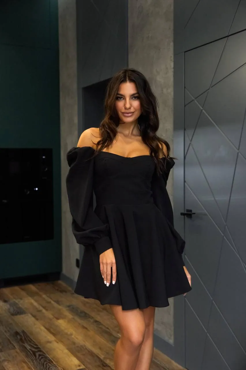 Black mini dress "Elastic shoulder"