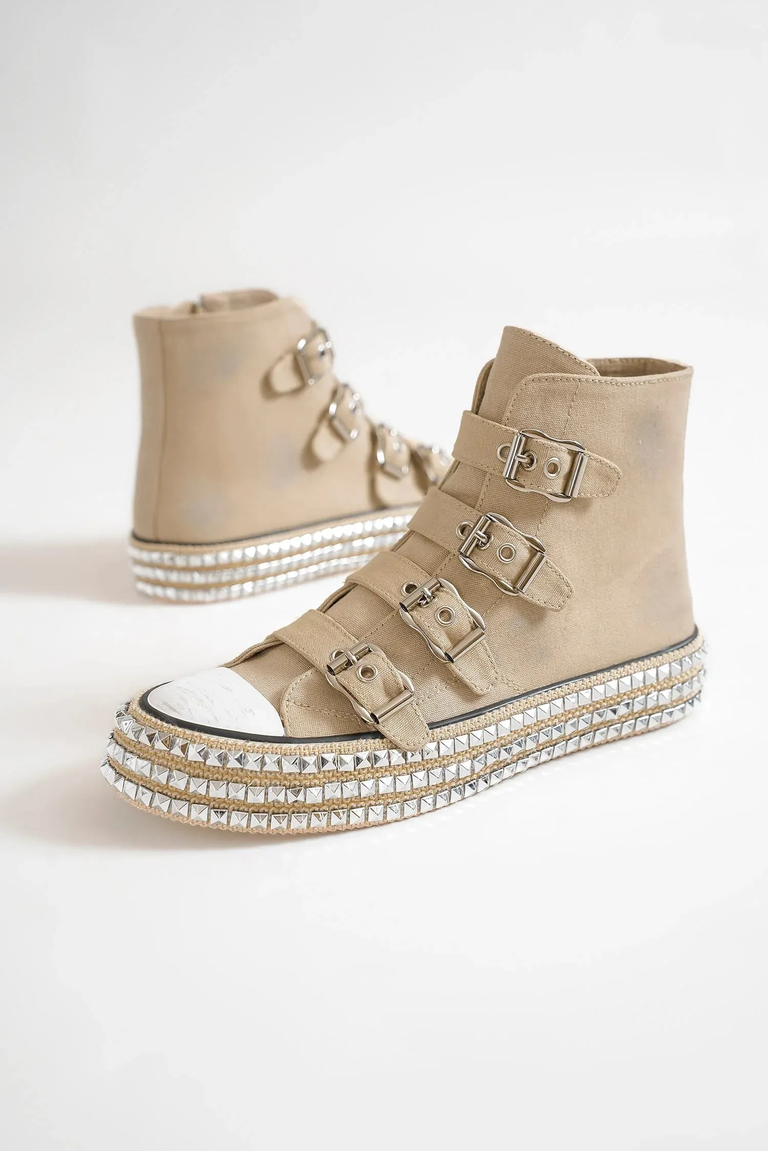 Canvas Buckle Studded Platform Sneakers in Khaki