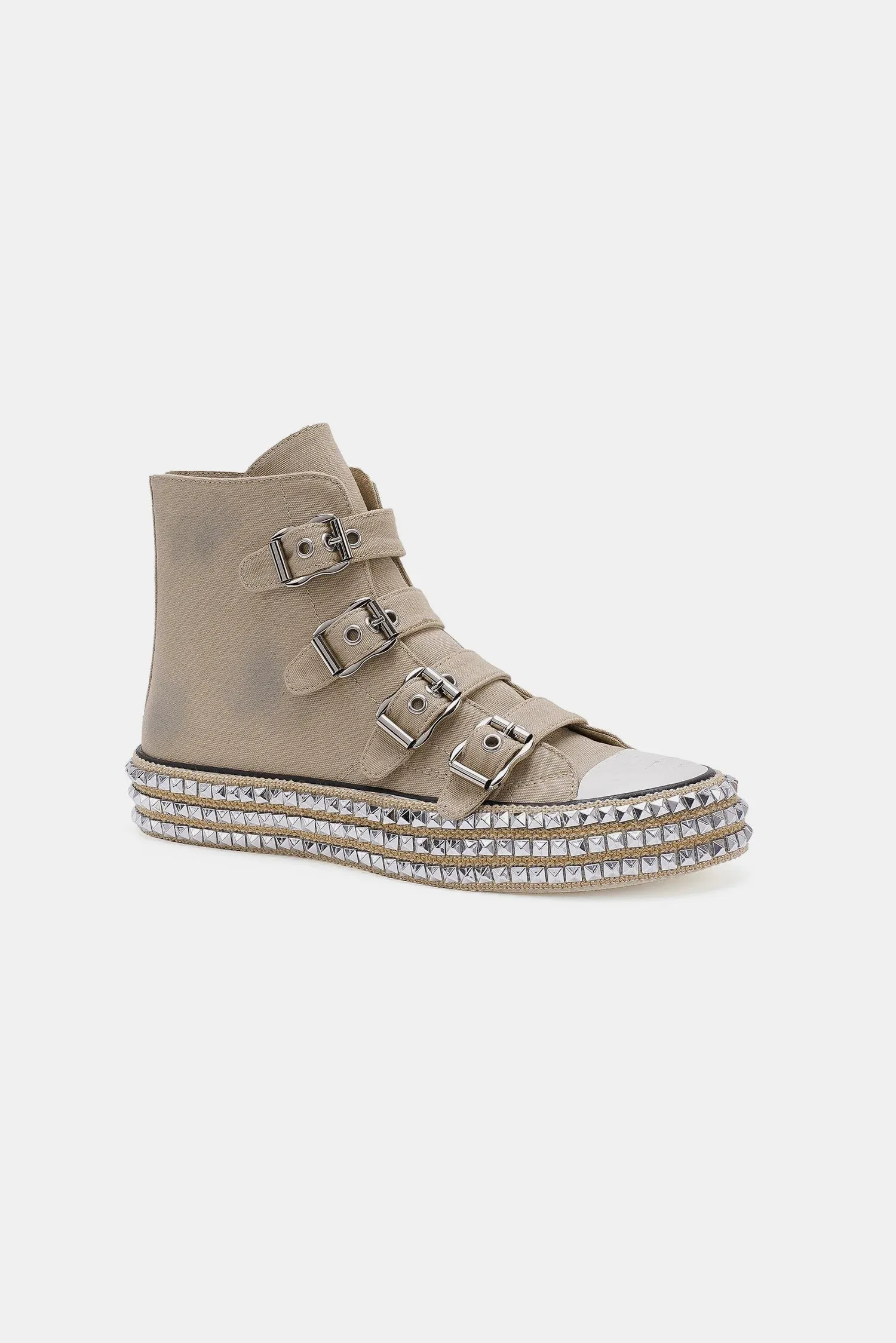 Canvas Buckle Studded Platform Sneakers in Khaki