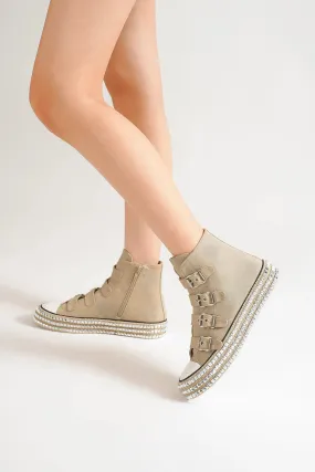Canvas Buckle Studded Platform Sneakers in Khaki