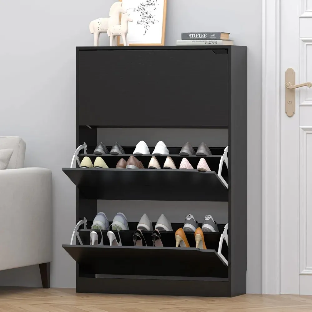 Easy To Use Black Shoe Cabinet with 3 Flip Drawers - Hidden Modern Shoe Storage for Entryway