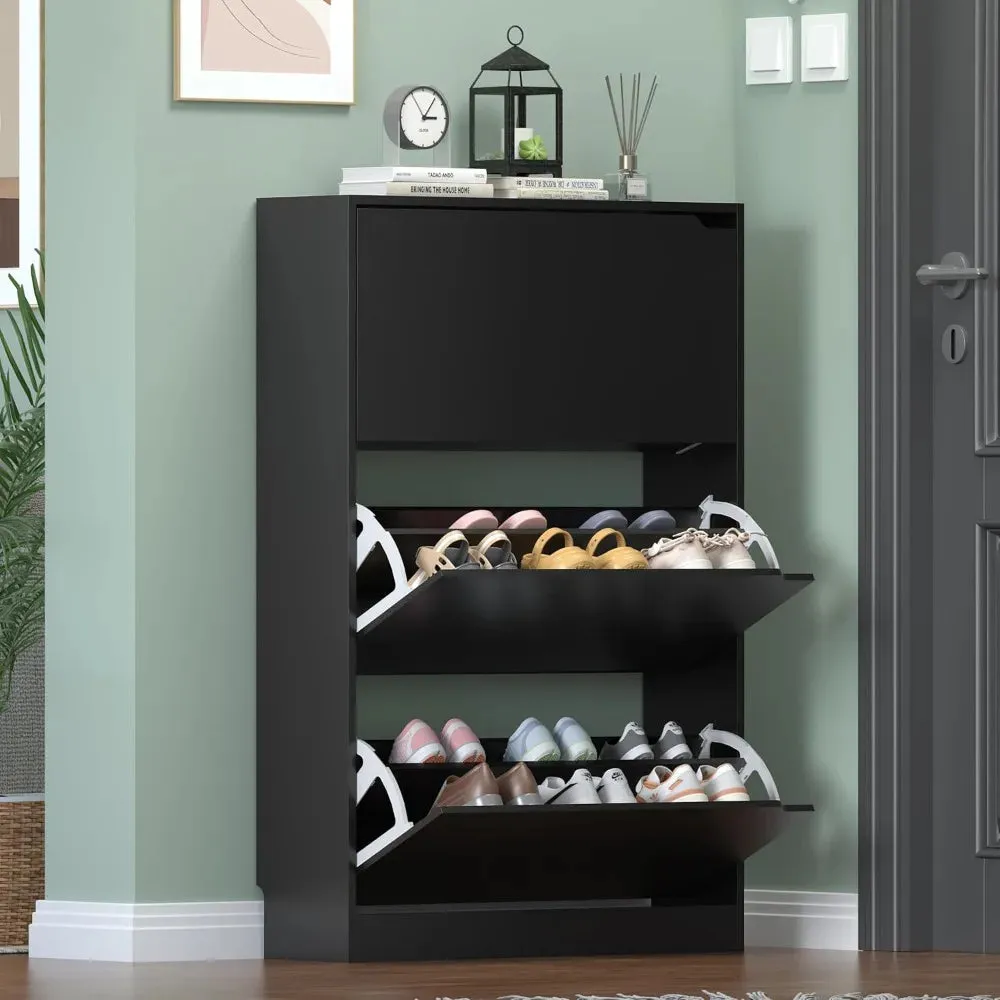 Easy To Use Black Shoe Cabinet with 3 Flip Drawers - Hidden Modern Shoe Storage for Entryway