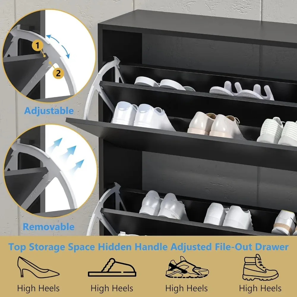 Easy To Use Black Shoe Cabinet with 3 Flip Drawers - Hidden Modern Shoe Storage for Entryway
