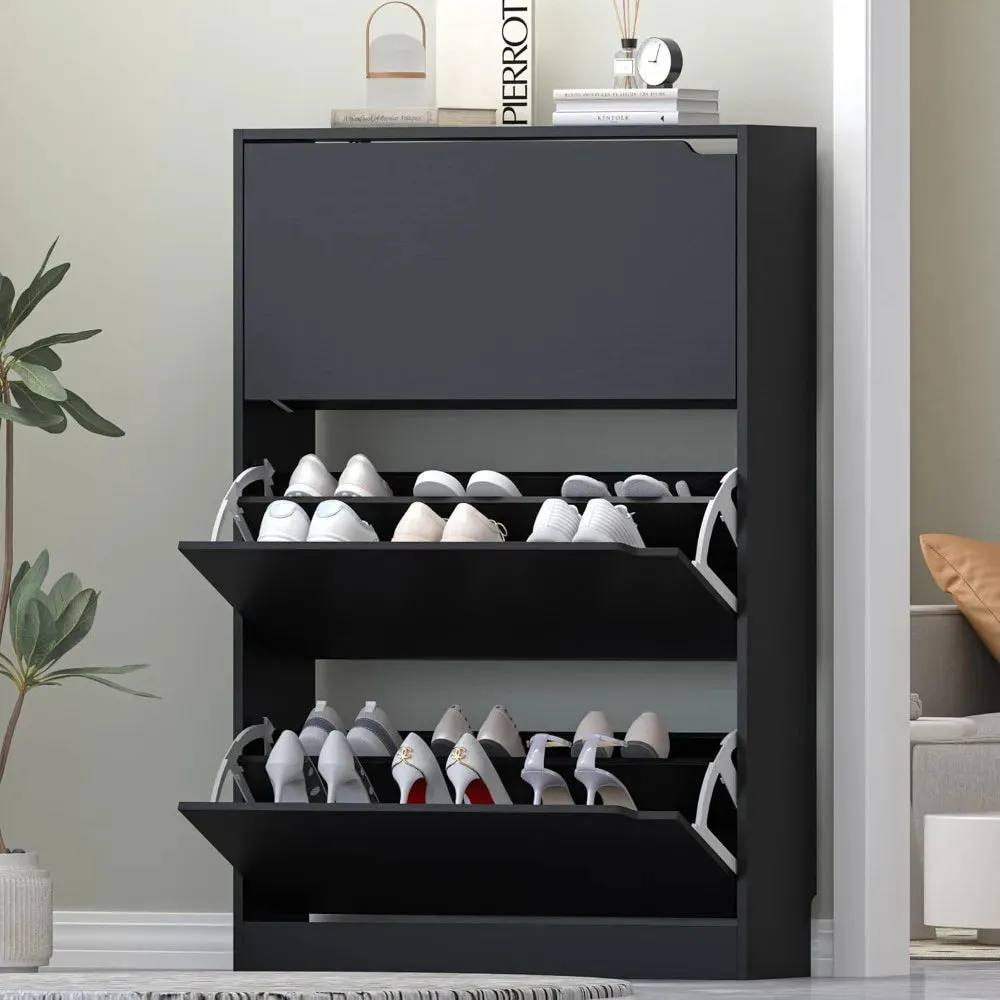 Easy To Use Black Shoe Cabinet with 3 Flip Drawers - Hidden Modern Shoe Storage for Entryway