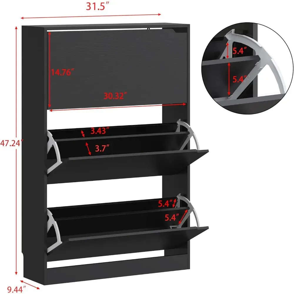 Easy To Use Black Shoe Cabinet with 3 Flip Drawers - Hidden Modern Shoe Storage for Entryway