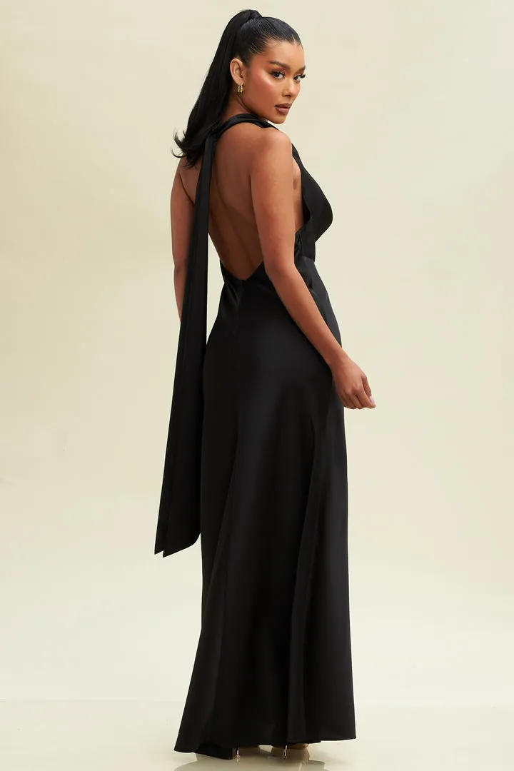 Elegant Halter Black Satin Ruffle V-Neck Maxi Dress