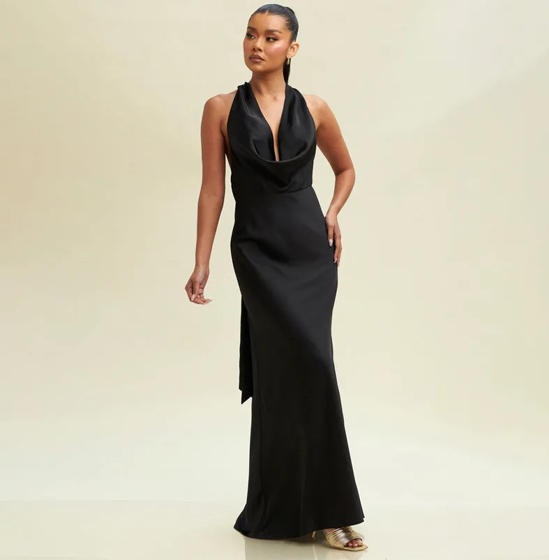Elegant Halter Black Satin Ruffle V-Neck Maxi Dress
