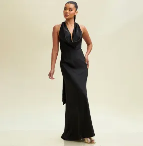 Elegant Halter Black Satin Ruffle V-Neck Maxi Dress