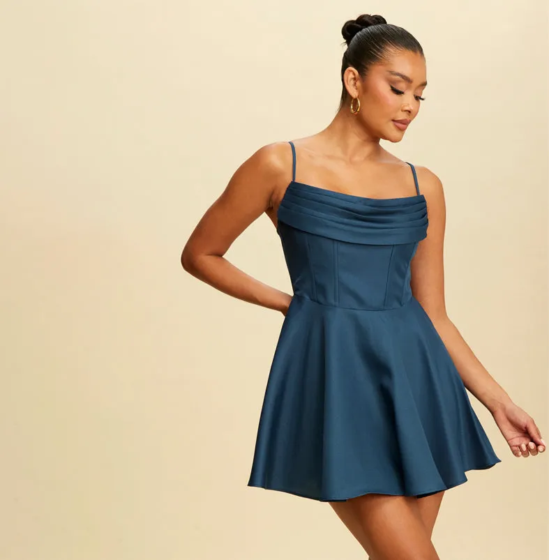 Elegant Teal Strap Couture Corset Ruffle Dress