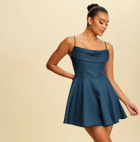 Elegant Teal Strap Couture Corset Ruffle Dress