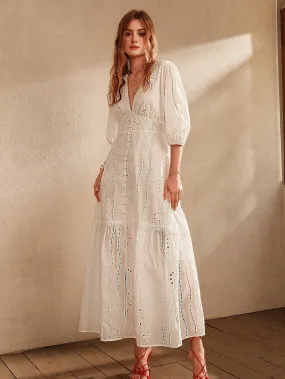 Isabella White V-Neck Slit Lace Elegant Floor-Length Dress