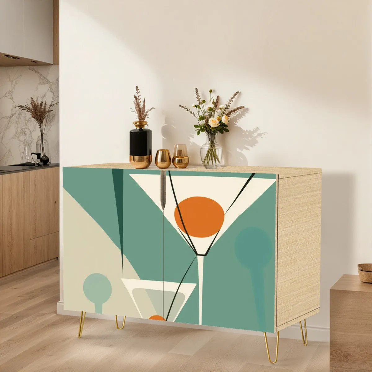 Mid Century Modern Bar Credenza Martini Green, Orange Mod Wooden Storage Cabinet