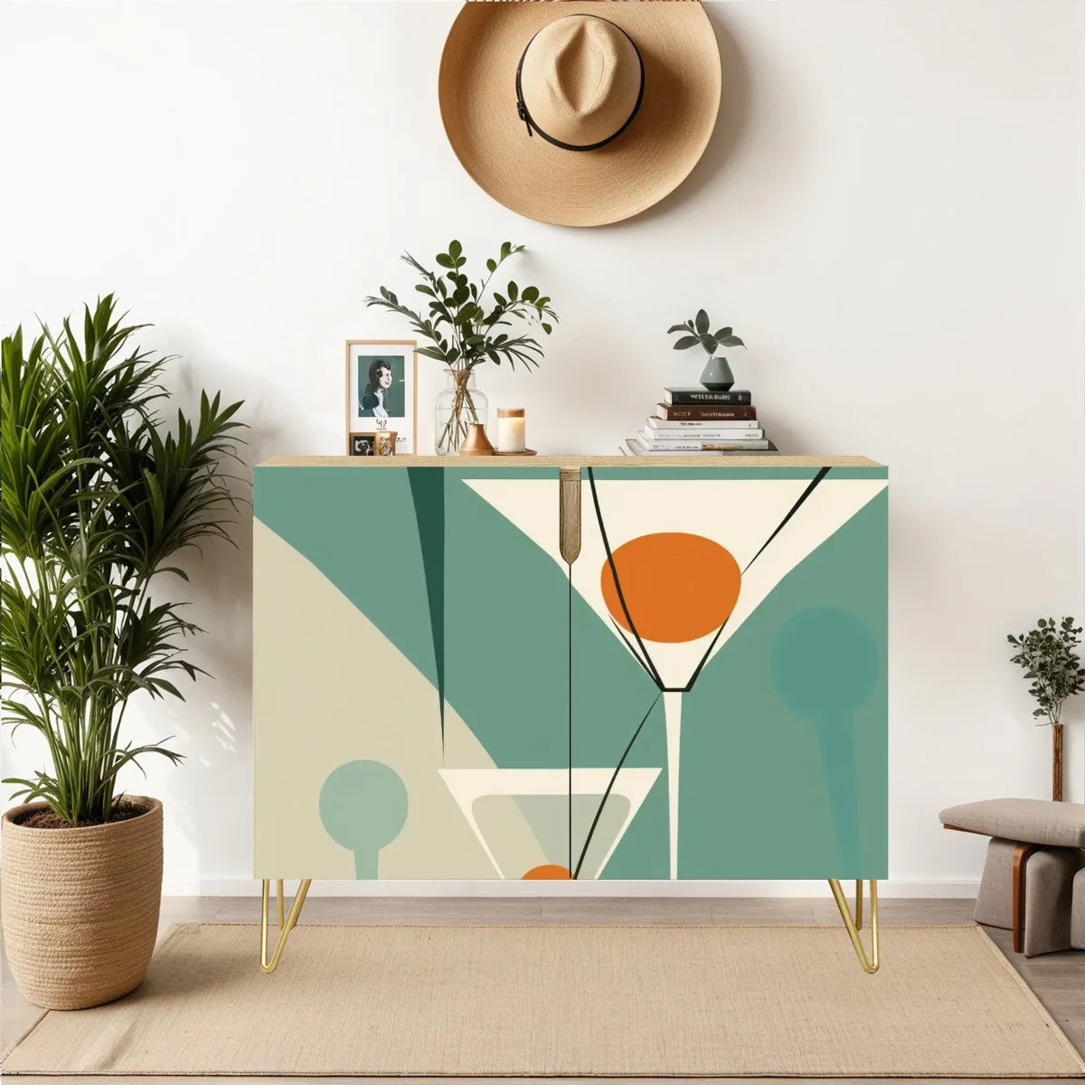 Mid Century Modern Bar Credenza Martini Green, Orange Mod Wooden Storage Cabinet