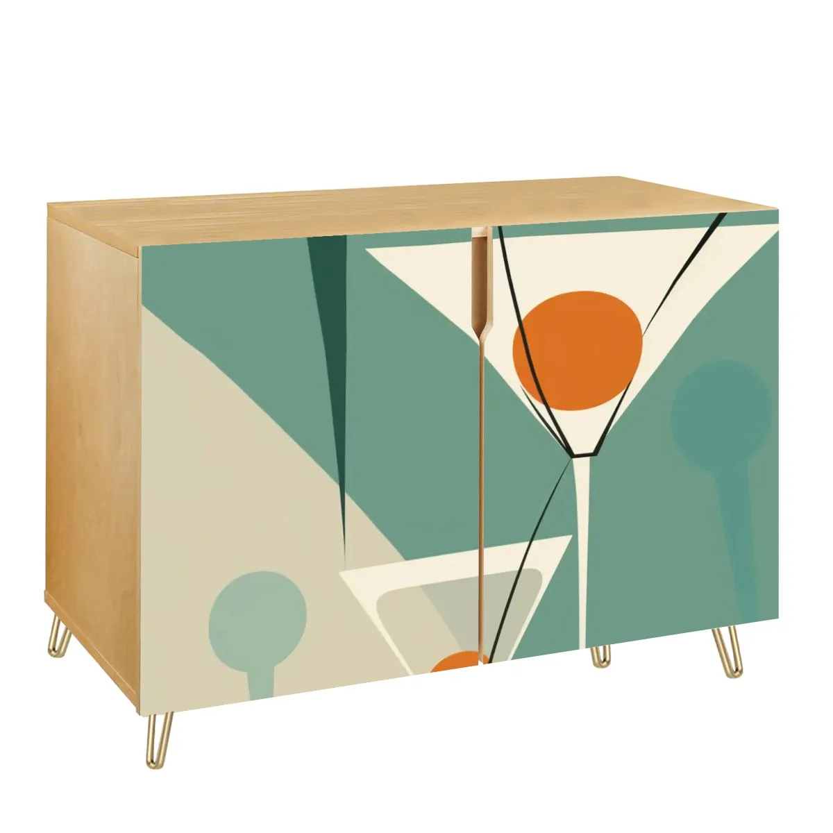 Mid Century Modern Bar Credenza Martini Green, Orange Mod Wooden Storage Cabinet