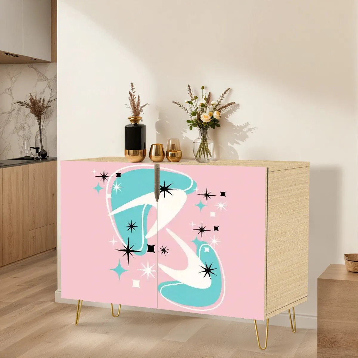 Mid Century Modern Credenza, Atomic 50s Pink, Aqua Boomerang Starbursts Designed