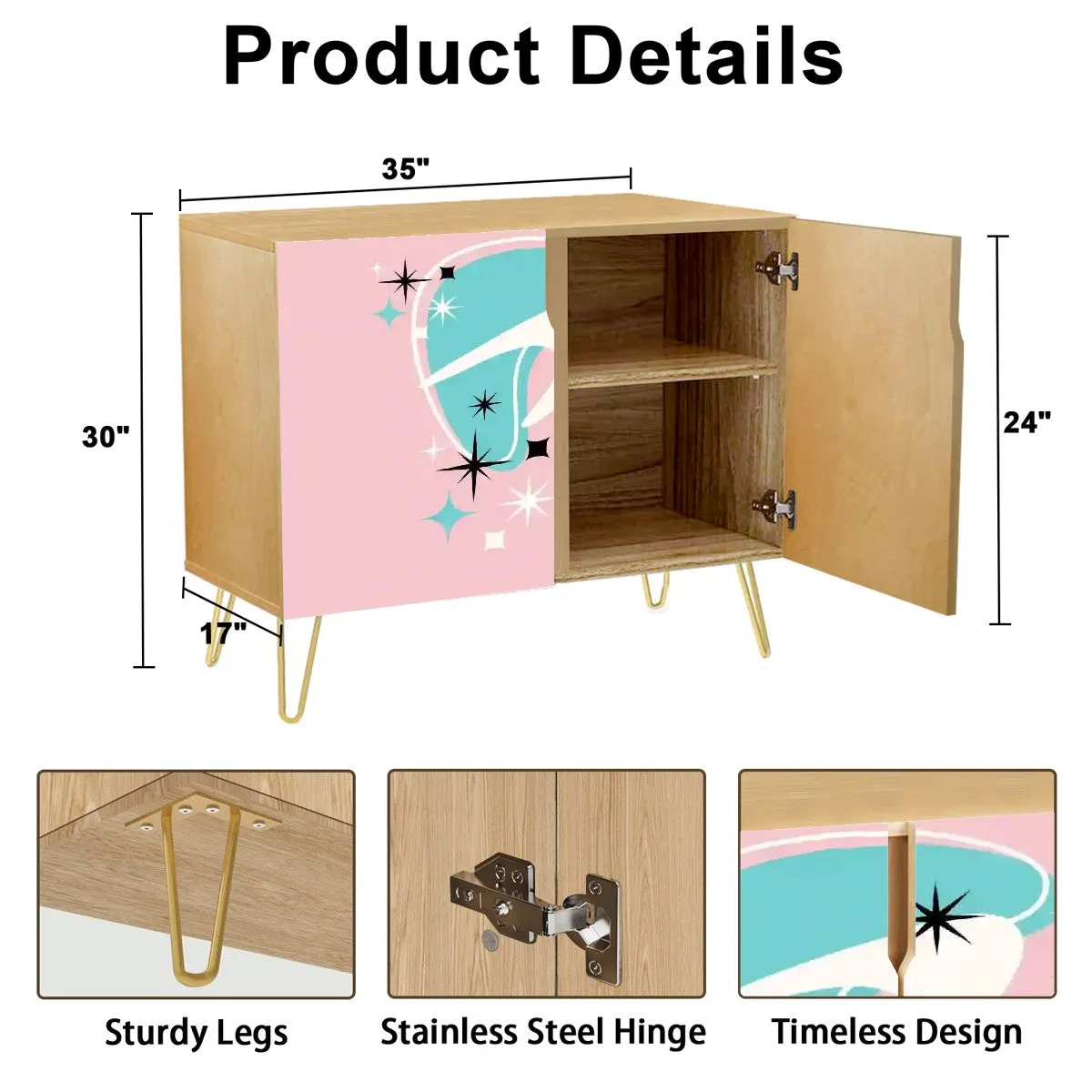 Mid Century Modern Credenza, Atomic 50s Pink, Aqua Boomerang Starbursts Designed