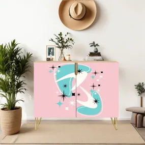 Mid Century Modern Credenza, Atomic 50s Pink, Aqua Boomerang Starbursts Designed