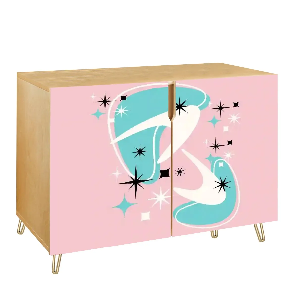 Mid Century Modern Credenza, Atomic 50s Pink, Aqua Boomerang Starbursts Designed