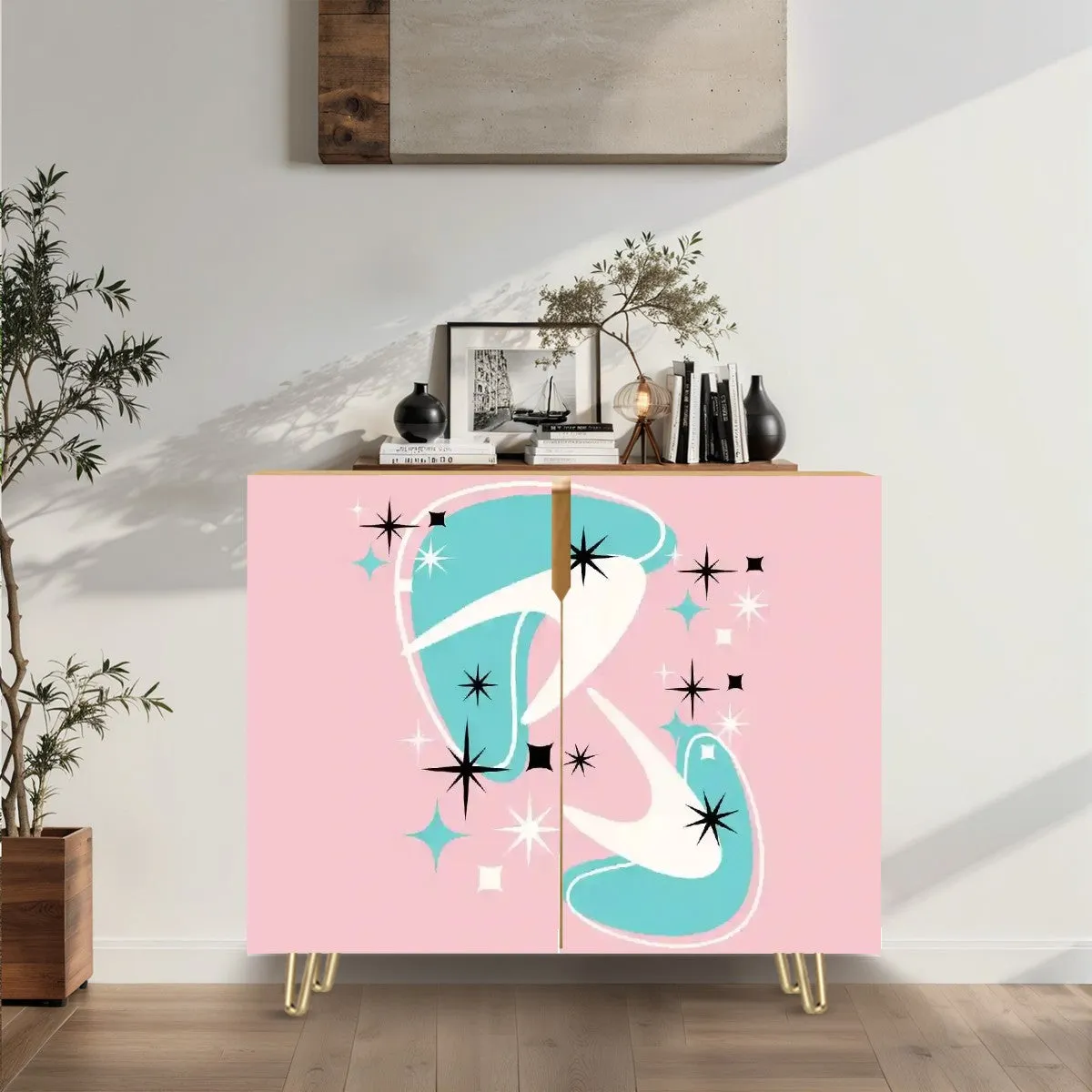 Mid Century Modern Credenza, Atomic 50s Pink, Aqua Boomerang Starbursts Designed
