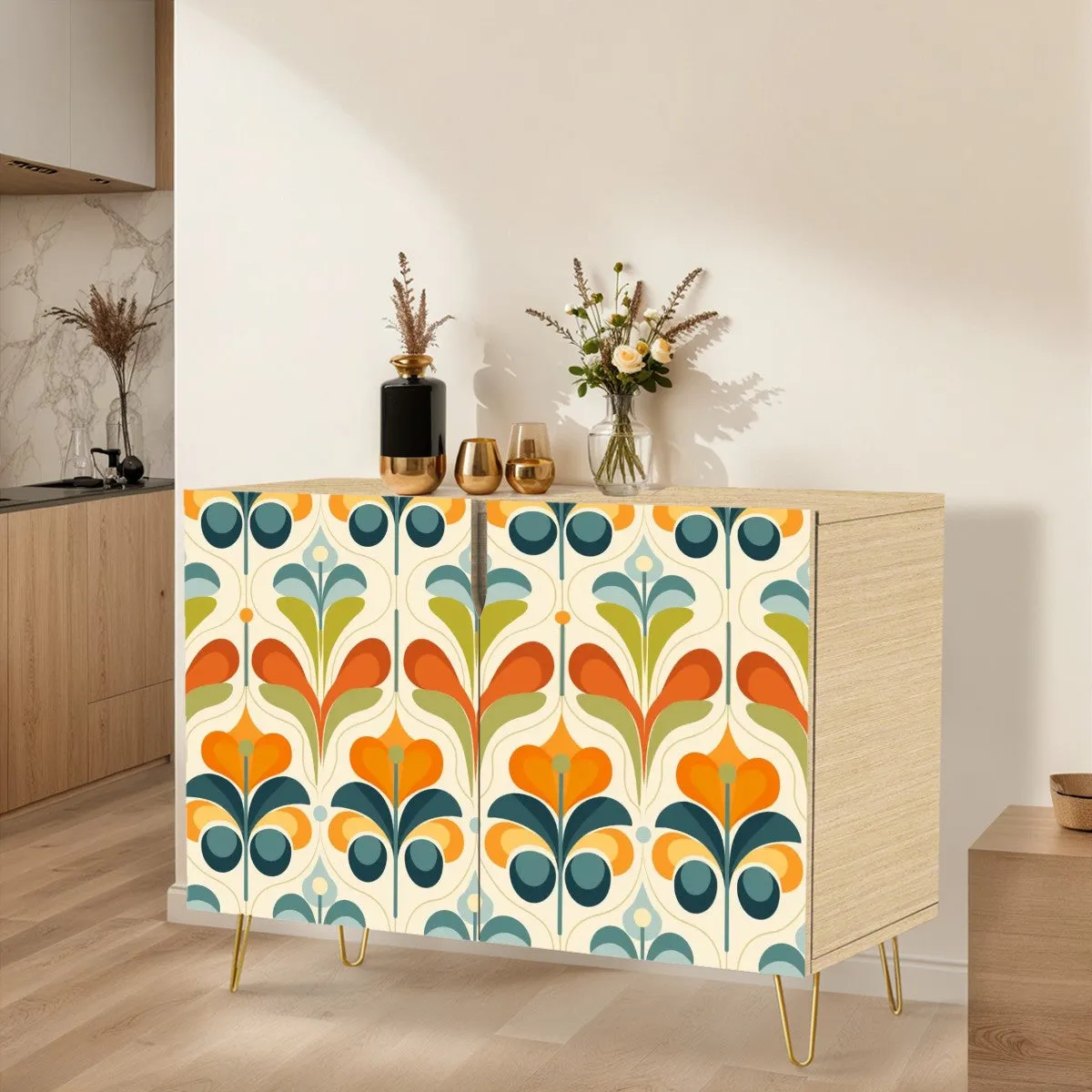 Mid Century Modern Floral Scandinavian Modern Danish Wooden Storage Cabinet