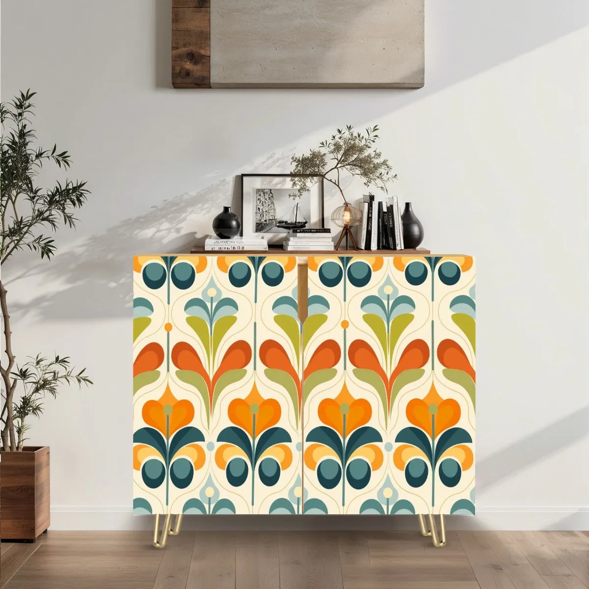 Mid Century Modern Floral Scandinavian Modern Danish Wooden Storage Cabinet
