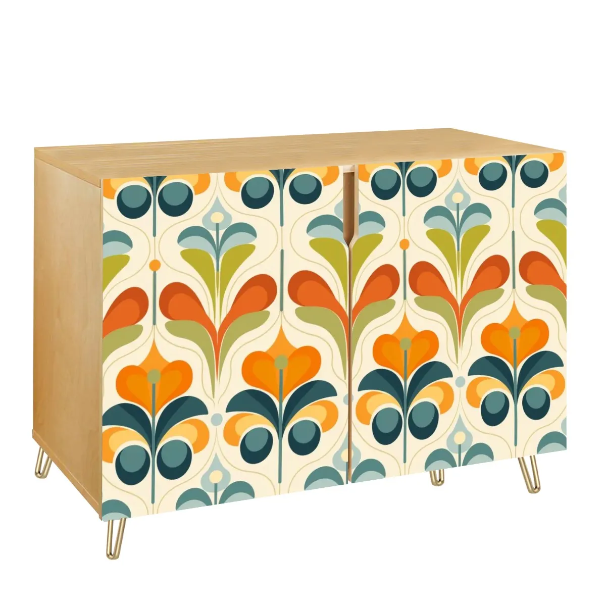 Mid Century Modern Floral Scandinavian Modern Danish Wooden Storage Cabinet
