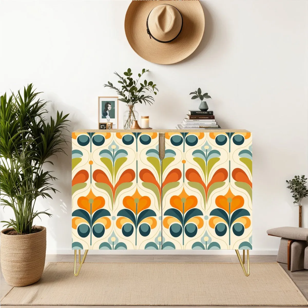 Mid Century Modern Floral Scandinavian Modern Danish Wooden Storage Cabinet