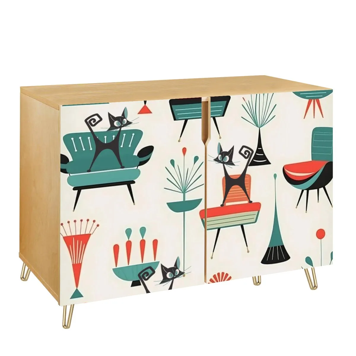 Mid Century Modern Side Board Cabinet With Atomic Cats MCM Wooden Storage Cabinet