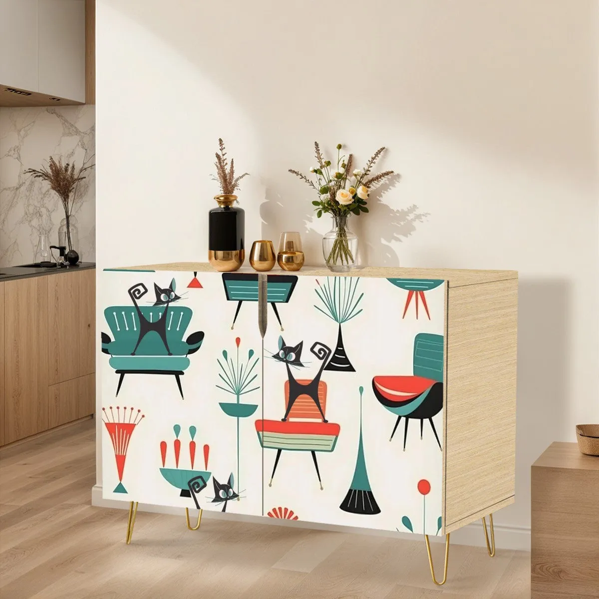 Mid Century Modern Side Board Cabinet With Atomic Cats MCM Wooden Storage Cabinet