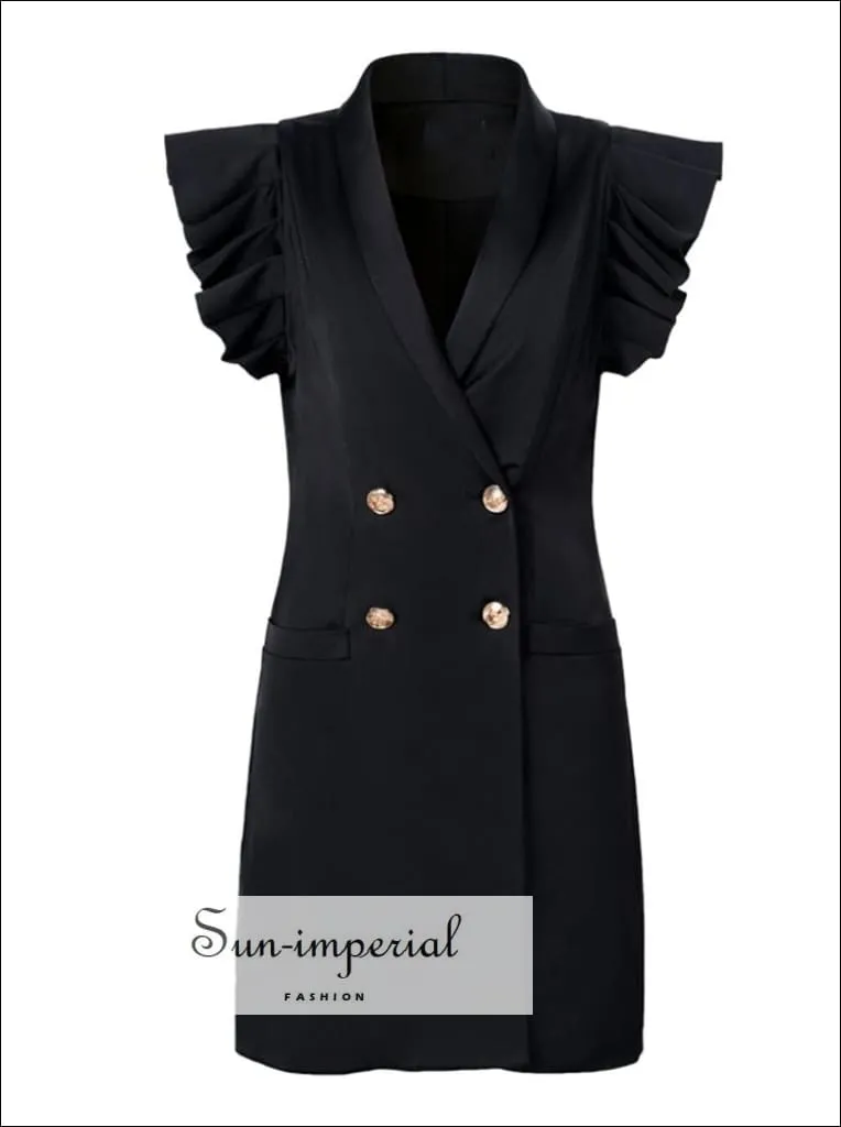 Women Slim Double-breasted Buttoned Elegant Vest Sleeveless Mini Dress with Ruffles detail