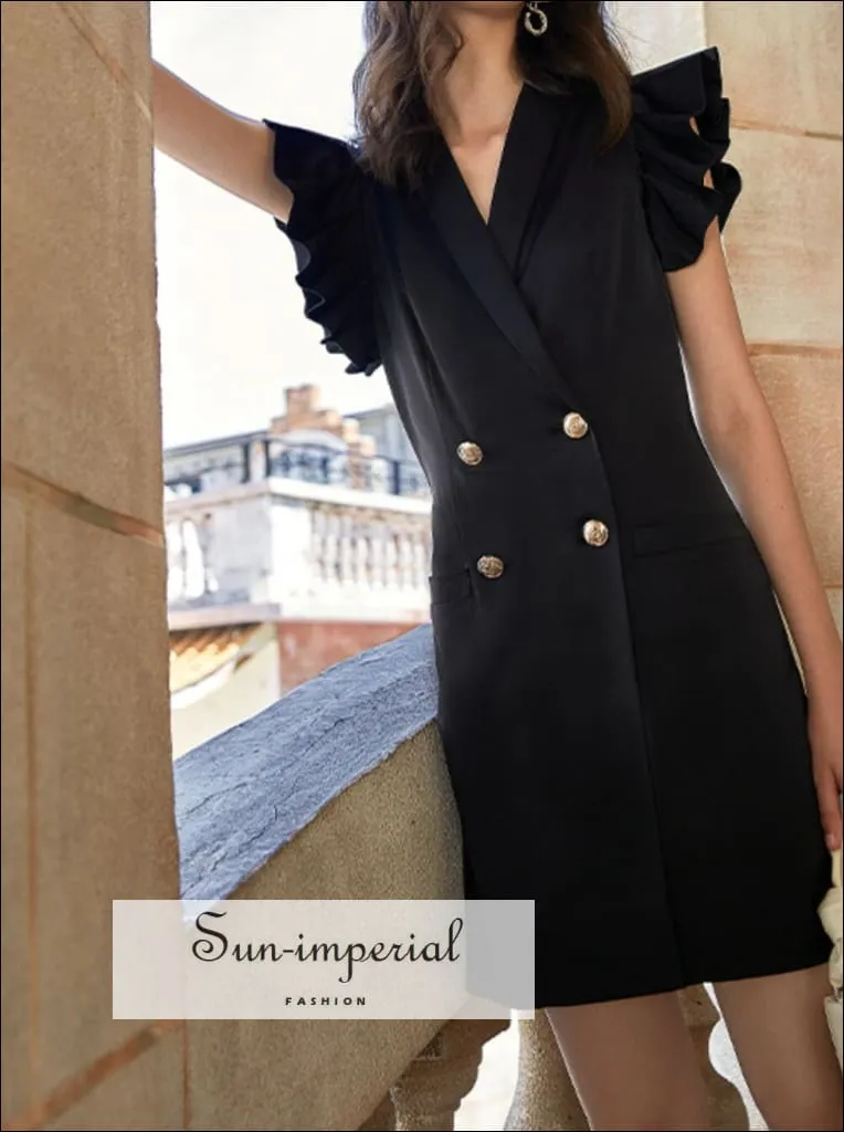 Women Slim Double-breasted Buttoned Elegant Vest Sleeveless Mini Dress with Ruffles detail
