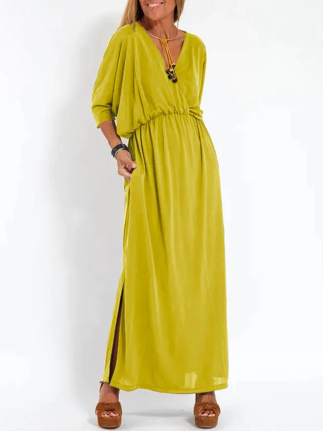 Women's Casual Solid Color V Neck Slit Dress
