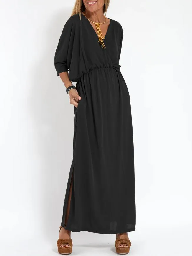 Women's Casual Solid Color V Neck Slit Dress