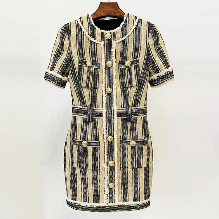 Women's Elegant Striped Dress Short Pencil Dress with Sleeves
