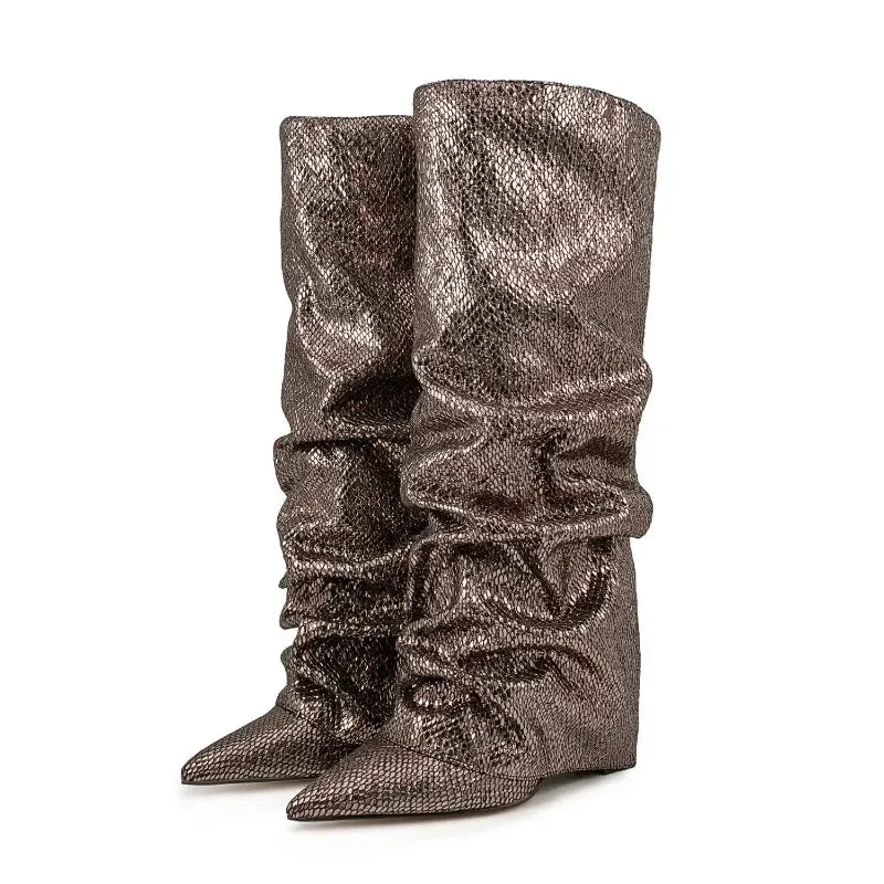 Wrinkled Knee Length Skirt Boots