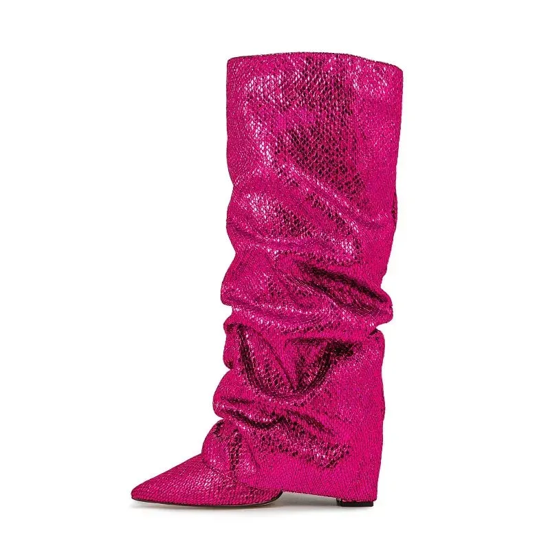 Wrinkled Knee Length Skirt Boots